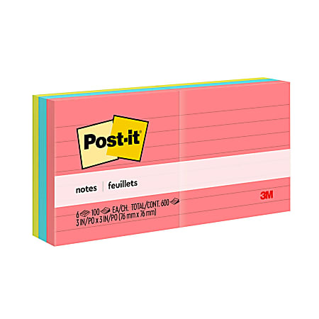 Post-it&reg; Notes, 3 x 3 in, 6 Lined Sticky Note Pads, 100 Sheets/Pad, Office Products, Notes for Vertical Surfaces and Monitors, Poptimistic