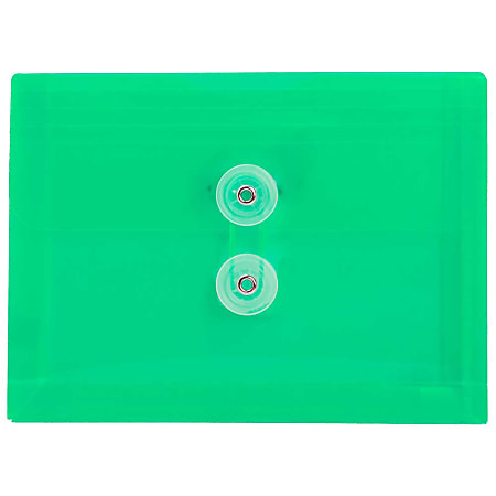 JAM Paper® Index Booklet Plastic Envelopes, 5 1/2" x 7 1/2", Button & String Closure, Green, Pack Of 12