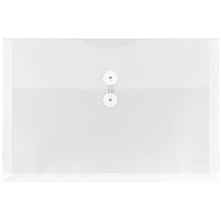 JAM Paper® Plastic Booklet Envelopes, Legal-Size, 9 3/4" x 14 1/2", Button & String, Clear, Pack Of 12