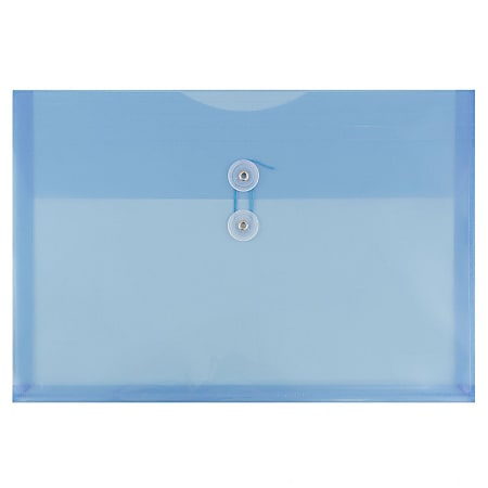 JAM Paper® Plastic Booklet Envelopes, Legal-Size, 9 3/4" x 14 1/2", Button & String Closure, Blue, Pack Of 12