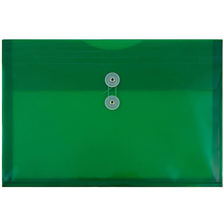 JAM Paper® Plastic Booklet Envelopes, Legal-Size, 9 3/4" x 14 1/2", Button & String Closure, Green, Pack Of 12