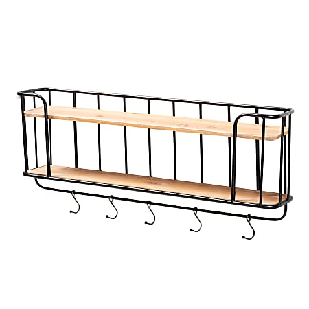 Baxton Studio Jaron 2-Tier Entryway Wall-Mounted Key And Coat Hanger, 12-1/4” x 31-3/4” x 6-3/4”, Oak/Black