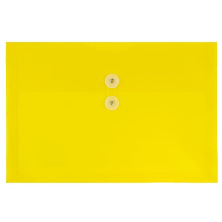 JAM Paper® Plastic Booklet Envelopes, Legal-Size, 9 3/4" x 14 1/2", Button & String Closure, Yellow, Pack Of 12