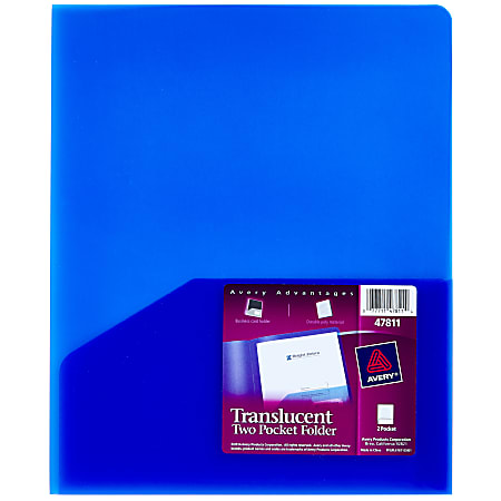 Avery® Translucent Two Pocket Water Resistant Folder, 8-1/2" x 11", Blue, 1 Folder