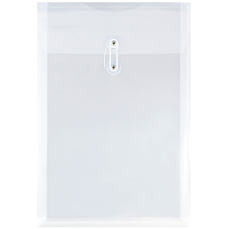 JAM Paper® Open-End Plastic Envelopes, Legal-Size, 9 3/4" x 14 1/2", Button & String Closure, Clear, Pack Of 12