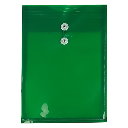 JAM Paper® Open-End Plastic Envelopes, Legal-Size, 9 3/4" x 14 1/2", Button & String Closure, Green, Pack Of 12