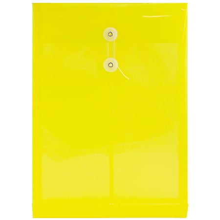 JAM Paper® Open-End Plastic Envelopes, Legal-Size, 9 3/4" x 14 1/2", Button & String Closure, Yellow, Pack Of 12