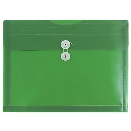 JAM Paper® Booklet Plastic Envelopes, Letter-Size, 9 3/4" x 13", Button & String Closure, Green, Pack Of 12