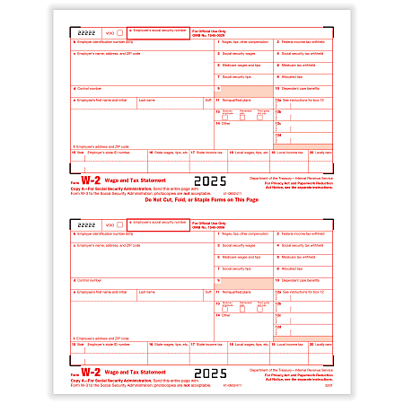ComplyRight® W-2 Tax Forms, IRS Federal Copy A, 2-Up, 8-1/2" x 11", Pack Of 100 Forms