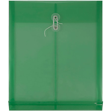 JAM Paper® Open-End Plastic Envelopes, Letter-Size, 9 3/4" x 11 3/4", Button & String Closure, Green, Pack Of 12