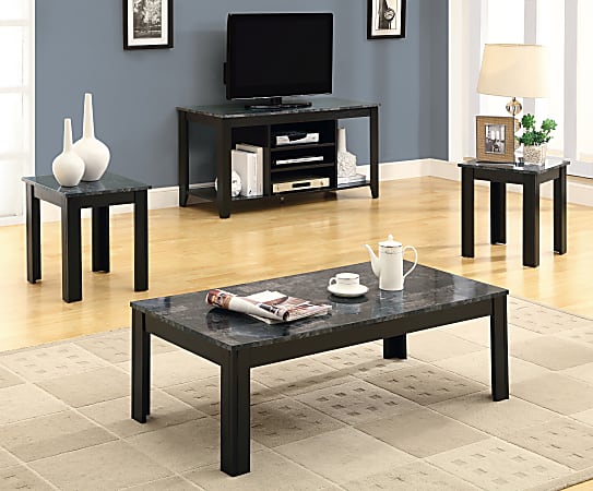 Monarch Specialties 3-Piece Table Set, Marble Top, Rectangle, Black/Dark Gray