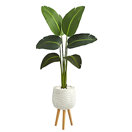 Nearly Natural Traveler’s Palm 60”H Artificial Plant With Stand Planter, 60”H x 17”W x 15”D, Green/White