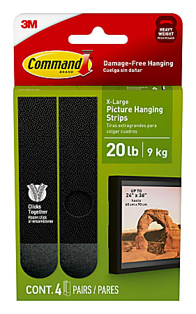 Command™ Picture Hanging Strips, 20 lb, Black, Pack Of 4 Pairs Of Strips