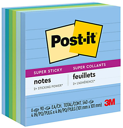 Post-it Recycled Super Sticky Notes, 4 in x 4 in, 6 Pads, 90 Sheets/Pad, 2x the Sticking Power, Oasis Collection, Lined