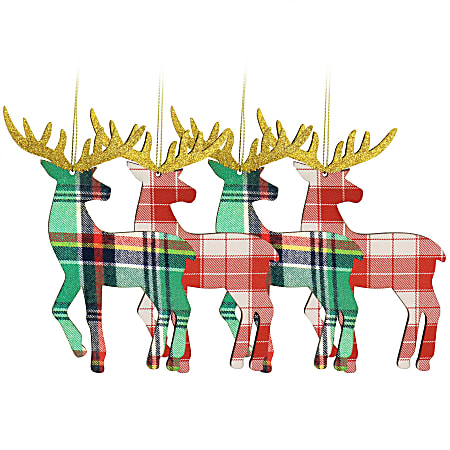 Martha Stewart Holiday Reindeer Ornament Set, 5-1/2”H x 4-5/16”W x 1/4”D, Red/Green, Set Of 4 Ornaments