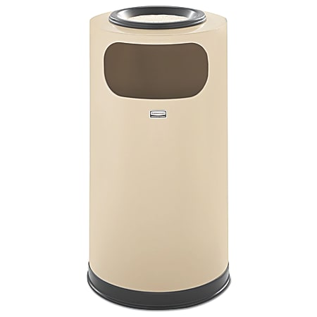 Rubbermaid® Commercial European And Metallic Series Round Steel Waste Receptacle With Sand Urn, 12 Gallons, Almond