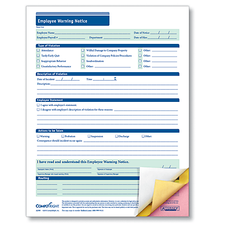 ComplyRight Carbonless Employee Warning Notice Forms, 3-Part, 8 1/2" x 11", White, Pack Of 50