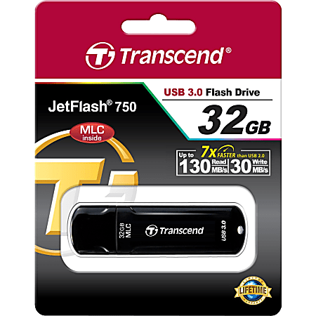 Transcend 32GB JetFlash 750 USB 3.0 Flash Drive - 32 GB - USB 3.0 - Black - Lifetime Warranty