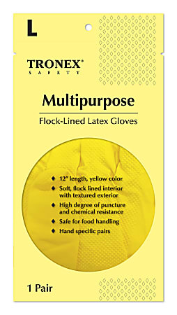 Tronex Flock-Lined Rubber Latex Multipurpose Gloves, Large, Yellow, Pack Of 24