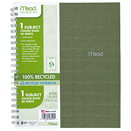 Mead® 100% Recycled Notebook, 3-Hole Punched, 8 1/2" x 11", 1 Subject, College Ruled, 80 Sheets, Assorted Color (No Color Choice)