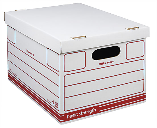 Office Depot® Brand Standard-Duty Storage Boxes With Lift-Off Lids And Built-In Handles, Letter/Legal Size, 10" x 12" x 15", Red/White, Case Of 15