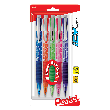 Pentel® Icy™ Mechanical Pencils, 0.9 mm, Assorted Colors, Pack Of 5