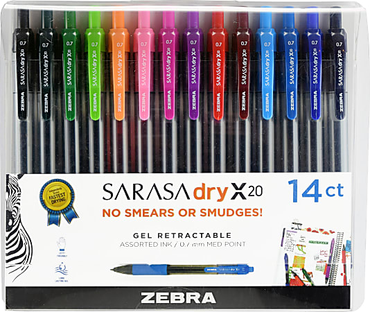 Zebra® Pen SARASA® Retractable Gel Pens, Pack Of 14, Medium Point, 0.7 mm, Clear Barrel, Assorted Ink Colors