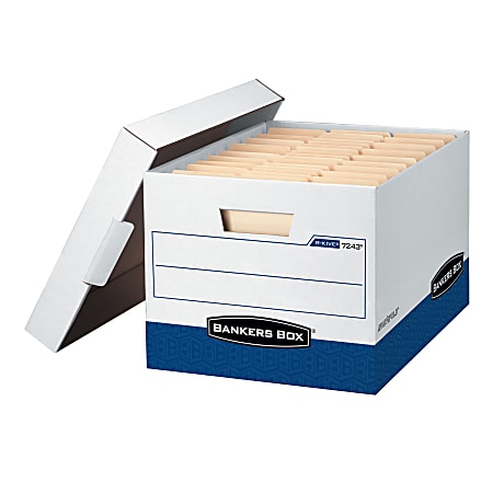 Bankers Box® R Kive® FastFold® Heavy-Duty Storage Boxes, Letter/Legal Size, 15“D x 12" x 10",  White/Blue, Case Of 4 -724303