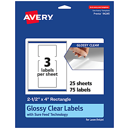 Avery® Glossy Permanent Labels With Sure Feed®, 94245-CGF25, Rectangle, 2-1/2" x 4", Clear, Pack Of 75