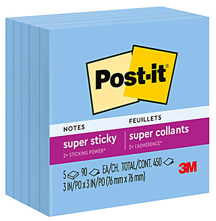 Post-it Super Sticky Notes, 3 in x 3 in , 5 Pads, 90 Sheets/Pad, 2x the Sticking Power, Sapphire Blue