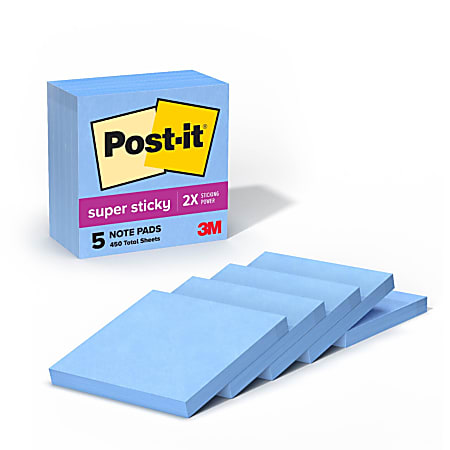 Post-it® Super Sticky Notes, 3 in x 3 in , 5 Pads, 90 Sheets/Pad, 2x the Sticking Power, Sapphire Blue