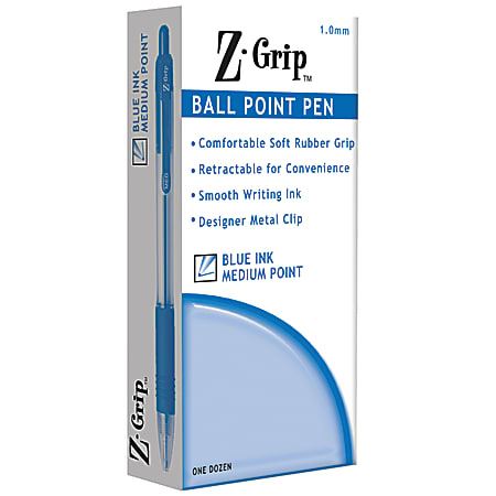 Zebra® Z-Grip™ Retractable Ballpoint Pens, Medium Point, 1.0 mm, Tinted Barrel, Blue Ink, Pack Of 12