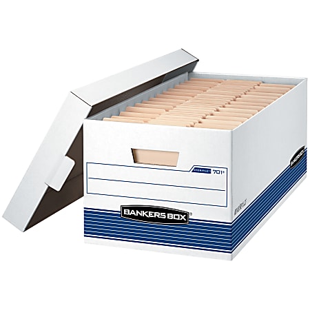 Bankers Box® Stor/File™ Medium-Duty Storage Boxes With Locking Lift-Off Lids And Built-In Handles, Letter Size, 24" x 12" x 10", 60% Recycled, White/Blue, Case Of 4, FEL0070104