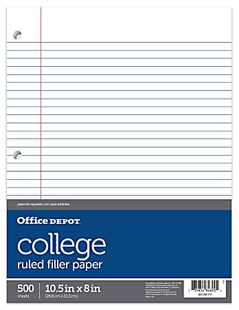 Office Depot® Brand Notebook Filler Paper, College Ruled, 8" x 10 1/2", White, Pack Of 500 Sheets