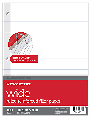 Office Depot® Brand Reinforced Filler Paper, 8" x 10 1/2", 16 Lb, Wide Ruled, White, Pack Of 100