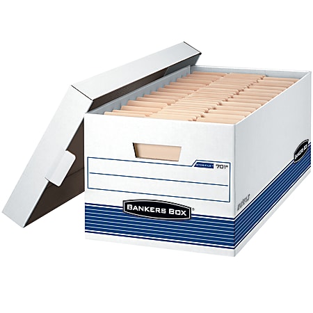 Bankers Box® Stor/File™ Medium-Duty Storage Boxes With Locking Lift-Off Lids And Built-In Handles, Legal Size, 24" x 15" x 10", 60% Recycled, White/Blue, Case Of 4