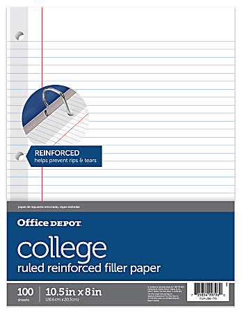 Office Depot® Brand Reinforced Filler Paper, 8" x 10-1/2", College Ruled, White, Pack Of 100 Sheets