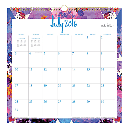 Nicole Miller Wire-O Monthly Wall Calendar, 12" x 12", Floral Diamond, July 2016 to June 2017