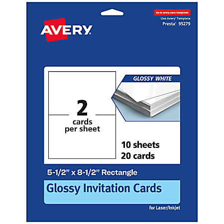 Avery® Printable Invitation Cards, 95279-GWC10, Rectangle, 5.5" x 8.5", Glossy White, Pack Of 20
