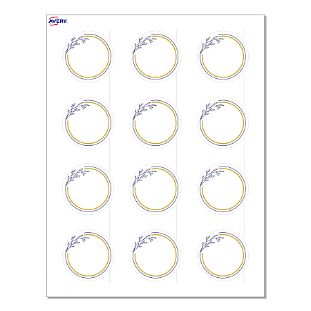 Avery® Print-To-The-Edge Labels With Sure Feed® Technology, S00-D2Z-PRWMP10, Round, 2", Matte White, Preprinted Gold & Navy Border with Florals Design, Pack Of 120