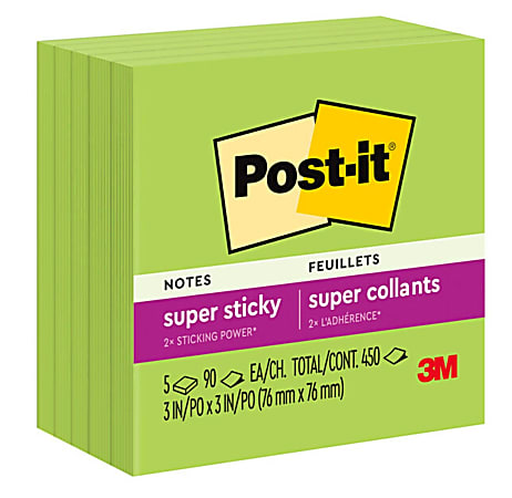 Post-it® Super Sticky Notes, 3 in x 3 in, 5 Pads, 90 sheets/pad, 2x the Sticking Power, Limeade