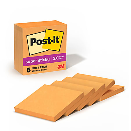 Post-it Super Sticky Notes, 3 in x 3 in, 5 Pads, 90 Sheets/Pad, 2x the Sticking Power, Neon Orange