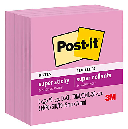 Post-it Super Sticky Notes, 3 in x 3 in, 5 Pads, 90 Sheets/Pad, 2x the Sticking Power, Tropical Pink