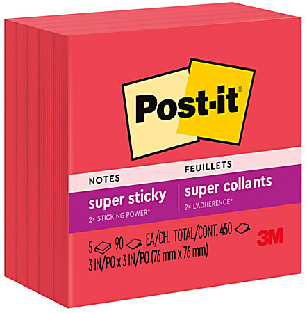 Post-it Super Sticky Notes, 3 in x 3 in, 5 Pads, 90 Sheets/Pad, 2x the Sticking Power, Candy Apple Red