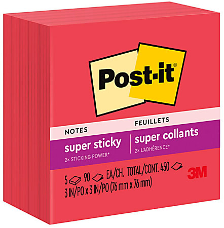 Post-it® Super Sticky Notes, 3 in x 3 in, 5 Pads, 90 Sheets/Pad, 2x the Sticking Power, Candy Apple Red