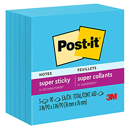 Post-it Super Sticky Notes, 3" x 3", Electric Blue, Pack Of 5 Pads