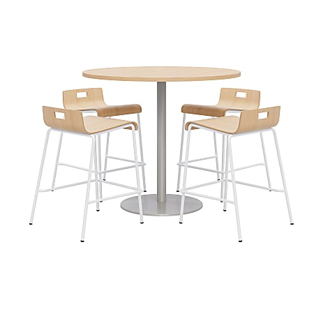 KFI Studios Proof Round High Bistro Table With 4 Low Back Stools, Natural/Silver Table, Natural/White Chairs