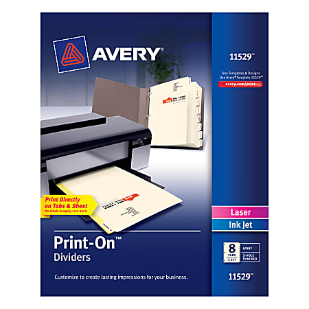 Avery® Print-On™ Dividers, 8 1/2" x 11", 3-Hole Punched, 8-Tab, Ivory Dividers/Ivory Tabs