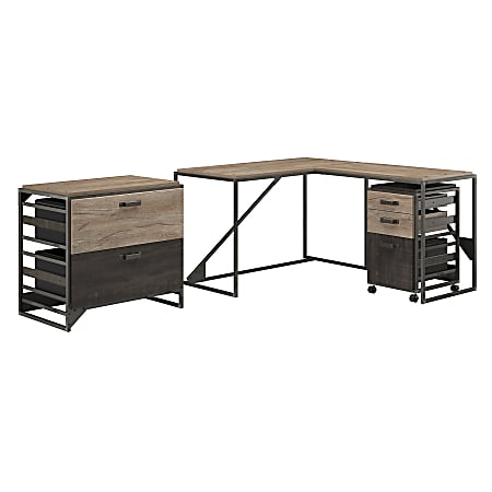 Bush Furniture Refinery 50"W L Shaped Industrial Desk With 37"W Return And File Cabinets, Rustic Gray/Charred Wood, Standard Delivery