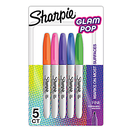 Sharpie® Glam Pop Permanent Markers, Fine Point, Gray Barrels, Assorted Ink Colors, Pack Of 5 Markers